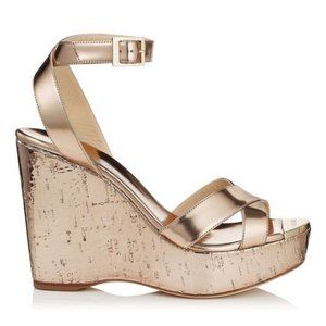 Jimmy Choo Gold Mirror Papyrus Patent Cork Wedges